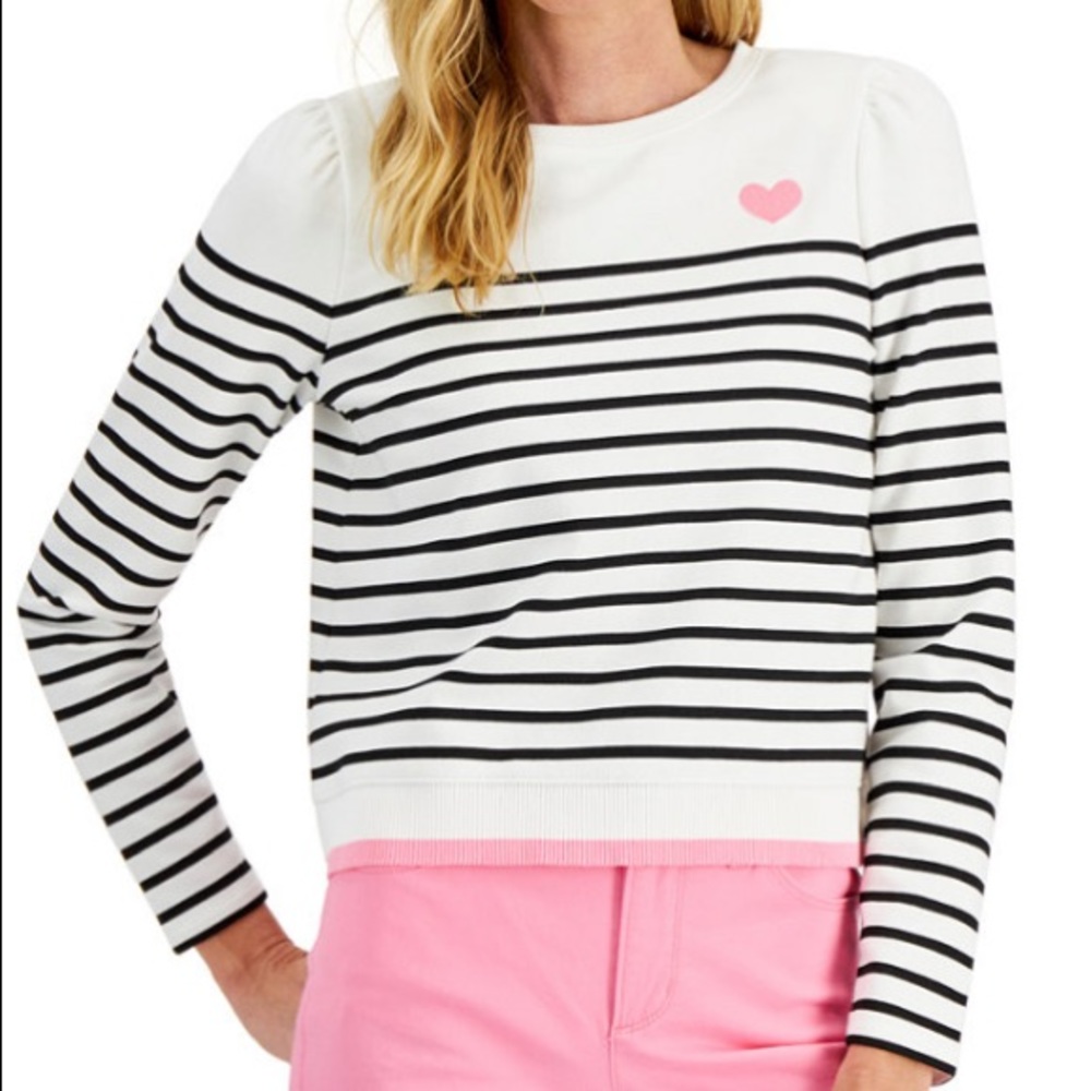 Womens Charter Club Pink Heart Navy Stripe Sweater